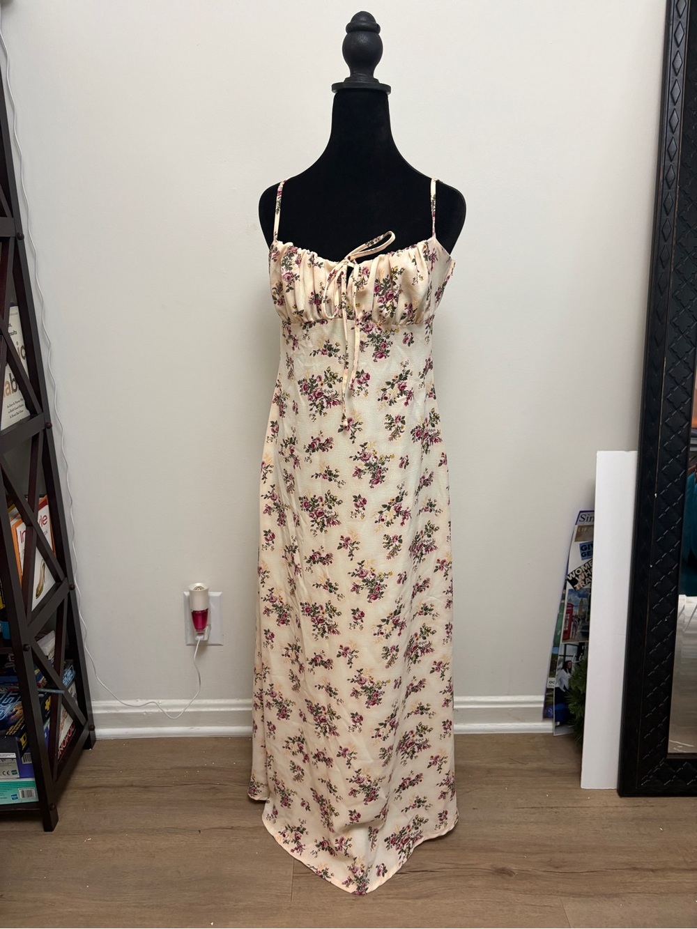 Floral Cream Maxi Slip Dress with Tie Detail